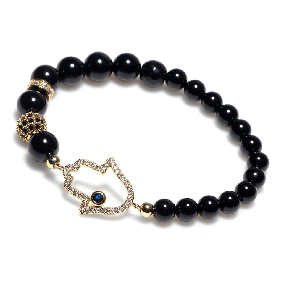 Natural Black Agate Hollow Hand of Fatima Protection Bracelet - FengshuiGallary