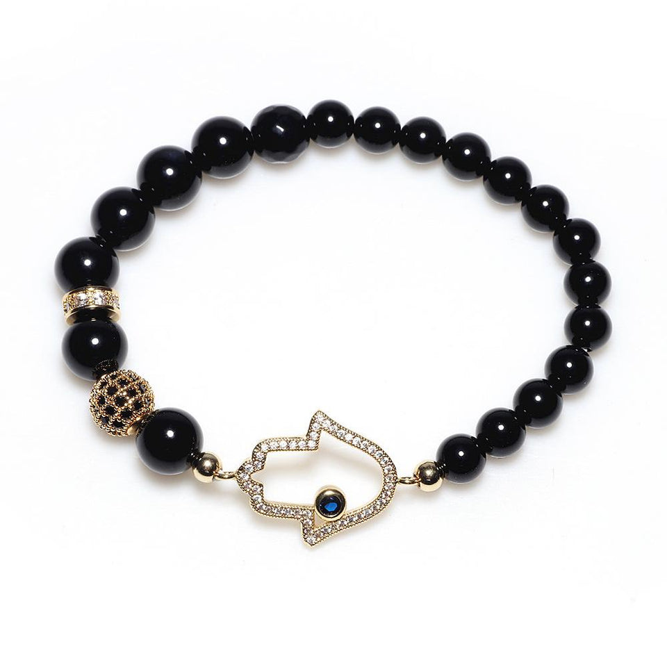 Natural Black Agate Hollow Hand of Fatima Protection Bracelet - FengshuiGallary