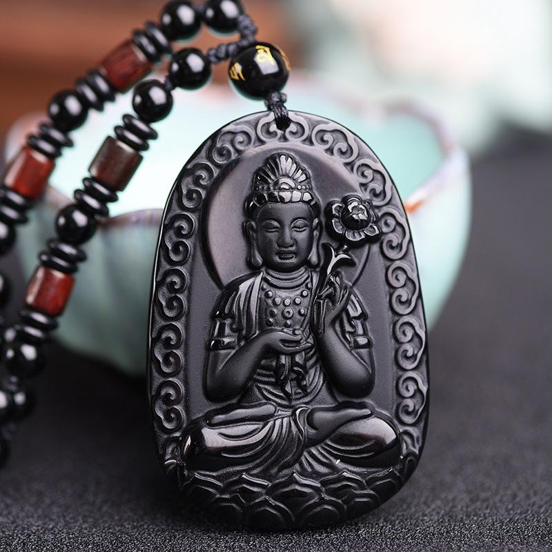 natural black obsidian guan yin buddha lucky pendant