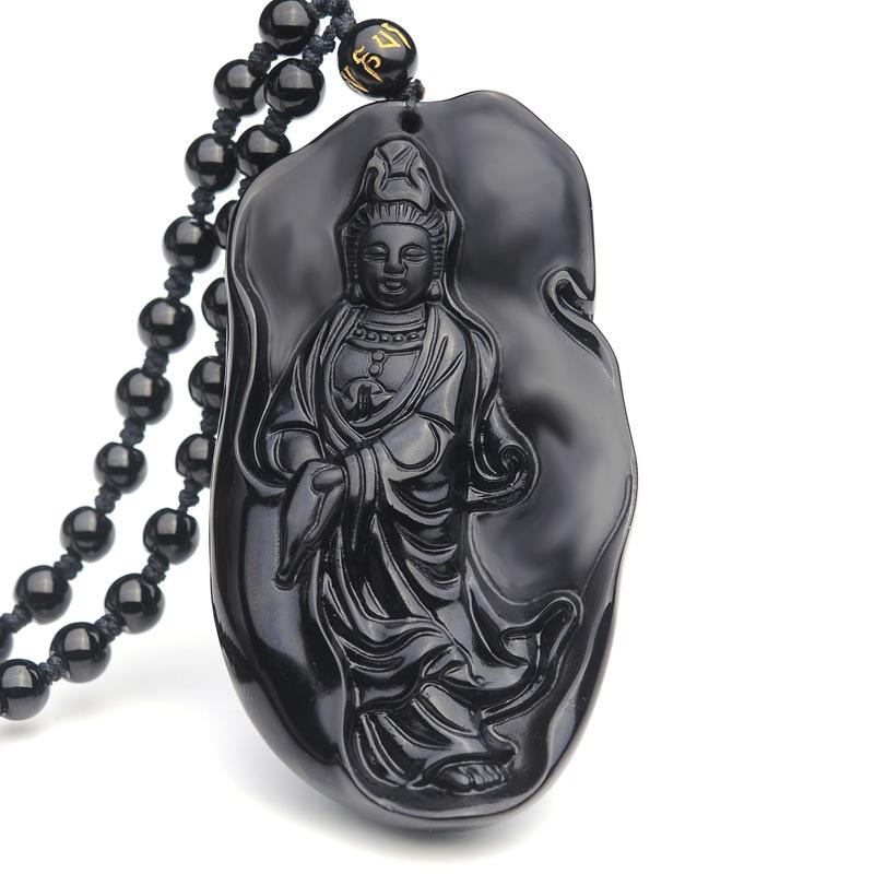 Natural Black Obsidian Guanyin Buddha Pendant Protection Necklace - FengshuiGallary