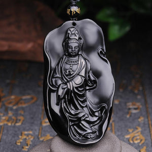 Natural Black Obsidian Guanyin Buddha Pendant Protection Necklace - FengshuiGallary