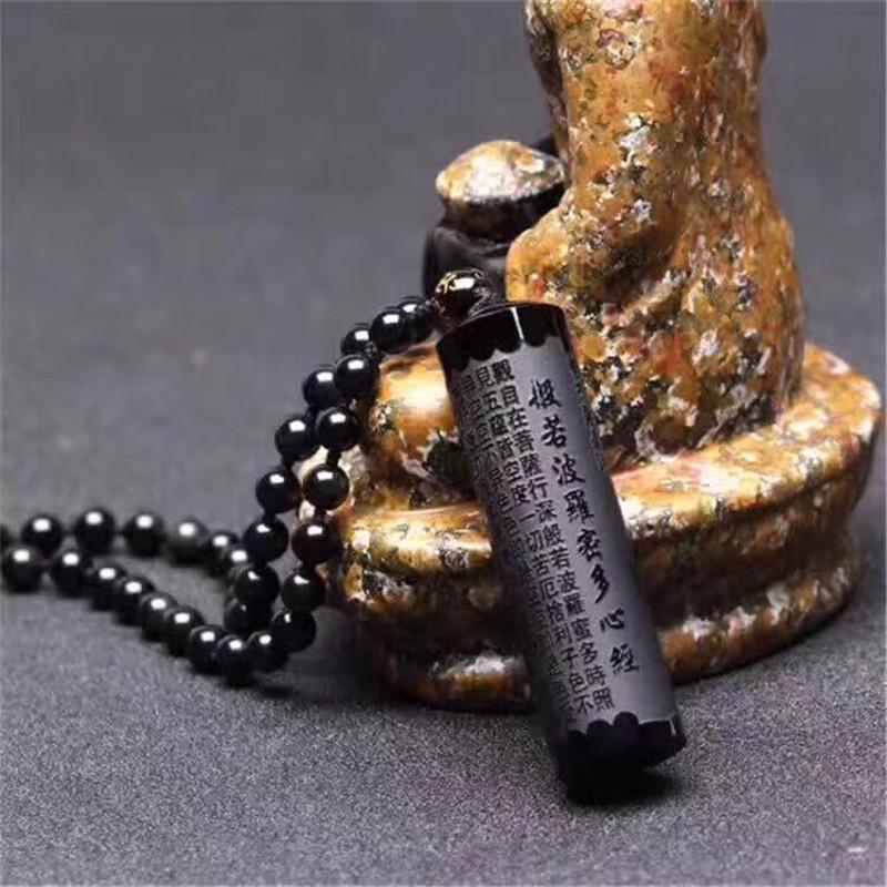 Natural Black Obsidian Six True Words Mantra Pendant Beads Necklace - FengshuiGallary