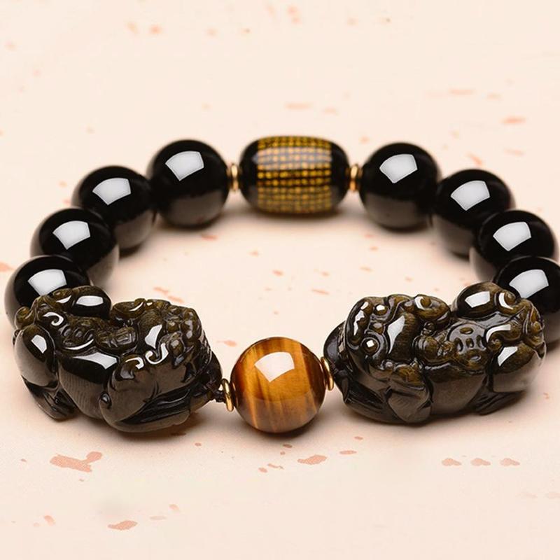 Natural Gold Obsidian Double Pi Yao Wealth Bracelet - FengshuiGallary
