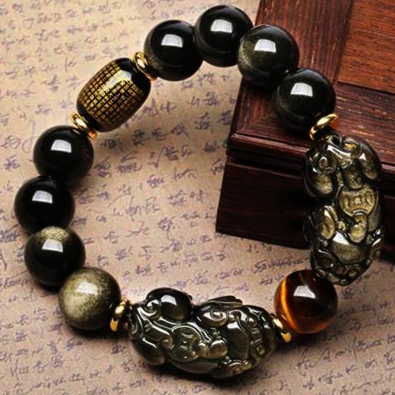 Natural Gold Obsidian Double Pi Yao Wealth Bracelet - FengshuiGallary