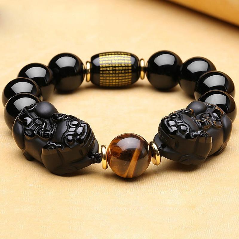 Natural Gold Obsidian Double Pi Yao Wealth Bracelet - FengshuiGallary