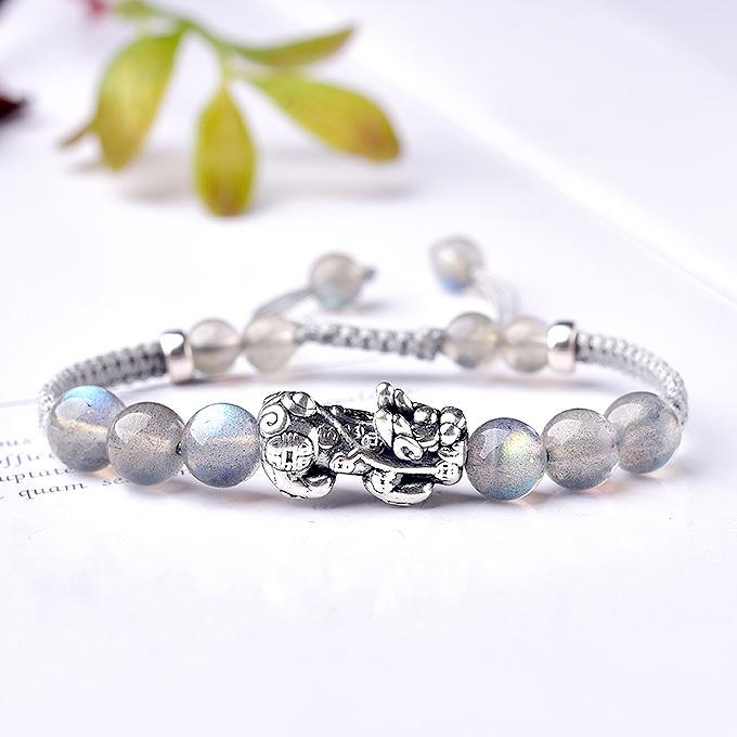 Natural Gray Moon Stone Bead Silver Pixiu Healing Bracelet - FengshuiGallary