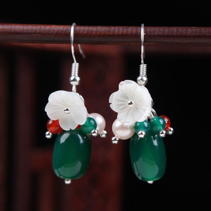 Natural Green Agate Silver Earring - FengshuiGallary