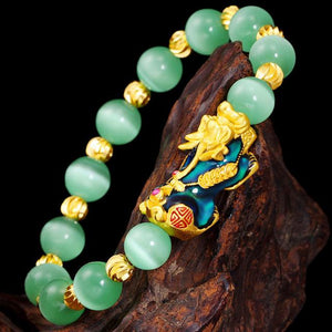 Natural Green Cat`s Eye Color Changing Pixiu Wealth Bracelet - FengshuiGallary