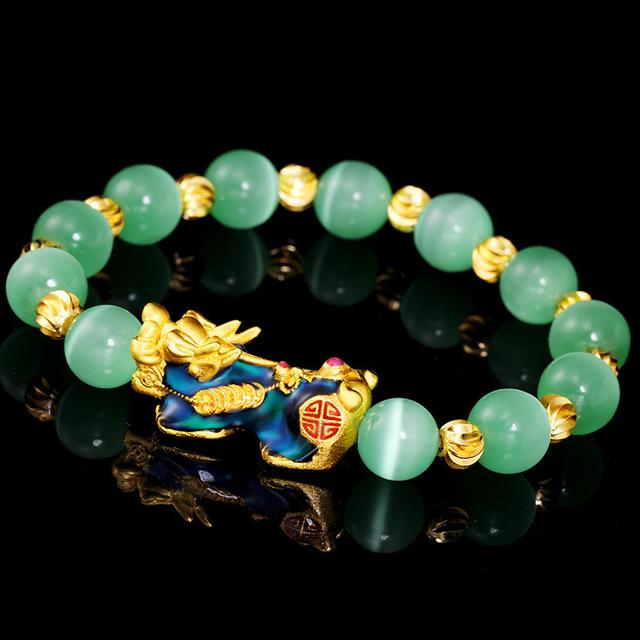 Natural Green Cat`s Eye Color Changing Pixiu Wealth Bracelet - FengshuiGallary