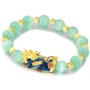 Natural Green Cat`s Eye Color Changing Pixiu Wealth Bracelet - FengshuiGallary