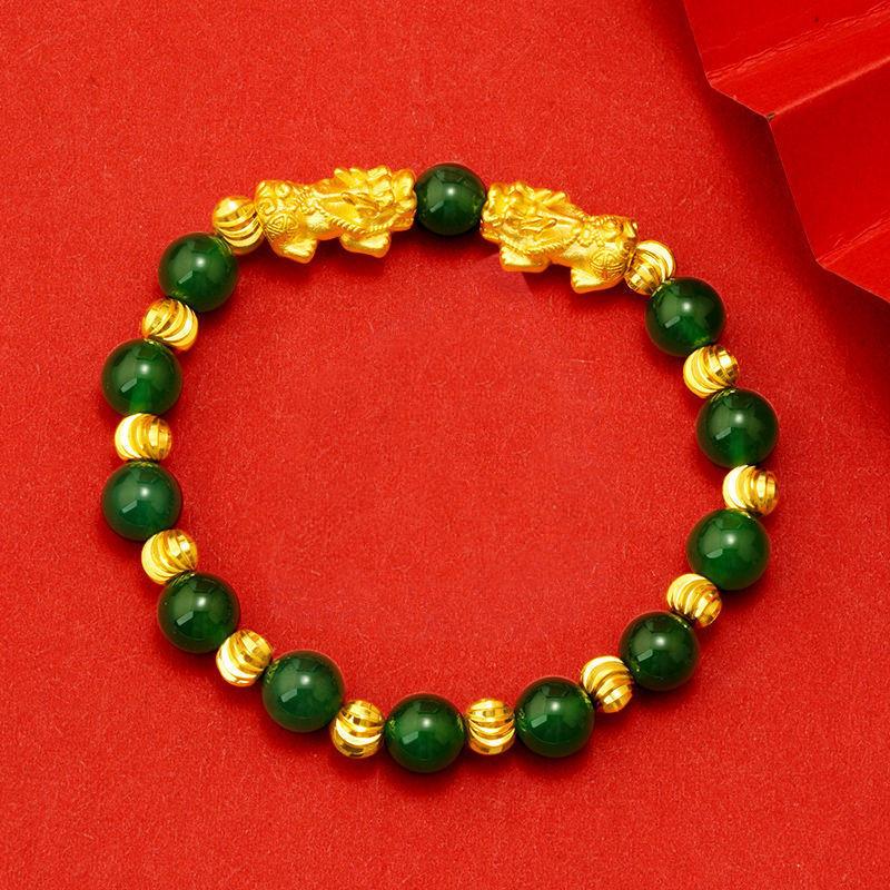 Natural Green Emerald Pixiu Golden Beads Wealth Bracelet - FengshuiGallary