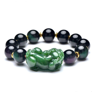 Natural Green Jade Pixiu Black Obsidian Bead Bracelet - FengshuiGallary