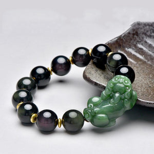 Natural Green Jade Pixiu Black Obsidian Bead Bracelet - FengshuiGallary