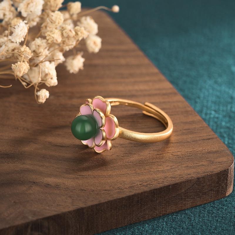 Natural Green Jade Plum Flower Wealth Gold Ring - FengshuiGallary