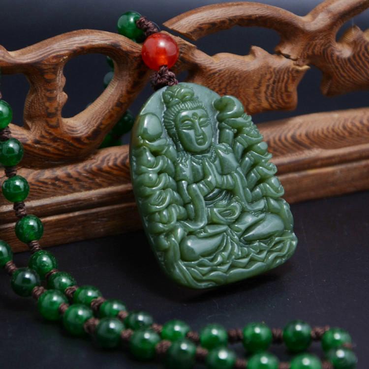 Natural Green Jade Thousand Hands Guanyin Buddha Lucky Pendant Necklace - FengshuiGallary