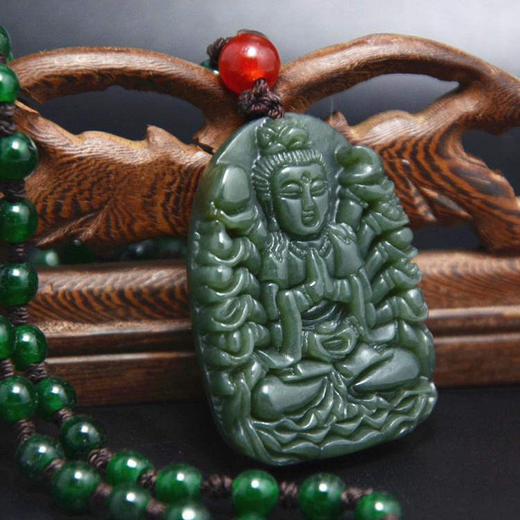 Natural Green Jade Thousand Hands Guanyin Buddha Lucky Pendant Necklace - FengshuiGallary