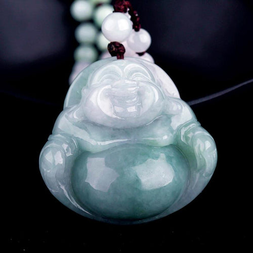 Natural Green White Jade Laughing Buddha Full Blessing Lucky Pendant - FengshuiGallary