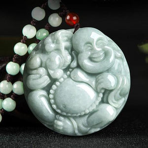 Natural Green White Jade Laughing Buddha Lucky Pendant Necklace - FengshuiGallary