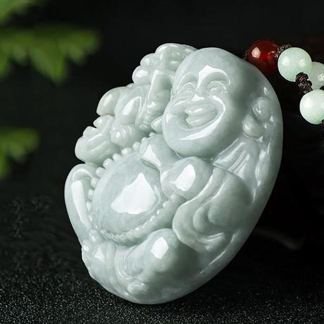 Natural Green White Jade Laughing Buddha Lucky Pendant Necklace - FengshuiGallary
