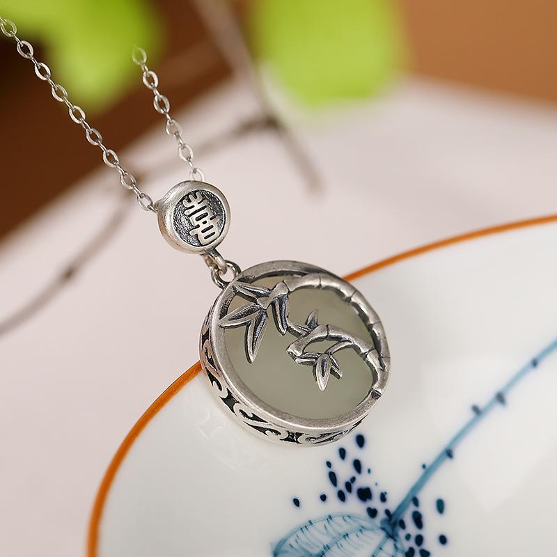 Natural Hetian Jade 925 Silver Bamboo Pendant Necklace - FengshuiGallary