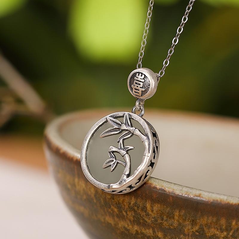 Natural Hetian Jade 925 Silver Bamboo Pendant Necklace - FengshuiGallary