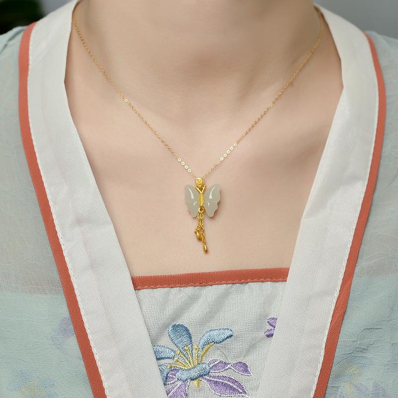 Natural Hetian Jade Butterfly Lucky Pendant Necklace - FengshuiGallary