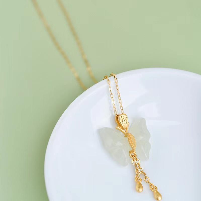 Natural Hetian Jade Butterfly Lucky Pendant Necklace - FengshuiGallary