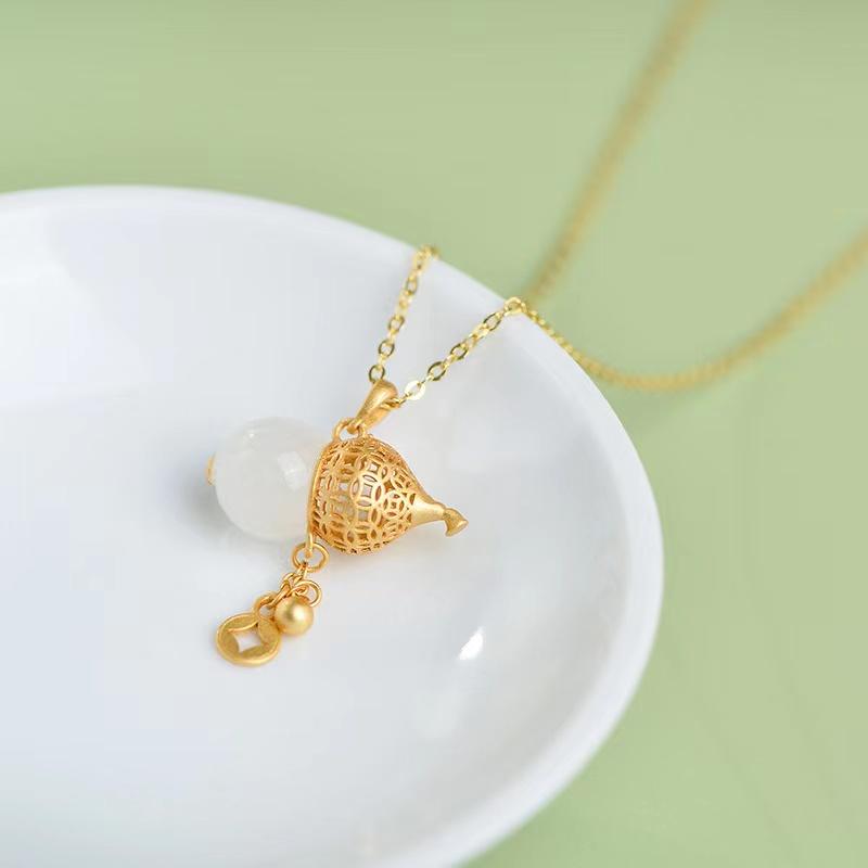 Natural Hetian Jade Calabash Golden Pendant Necklace - FengshuiGallary
