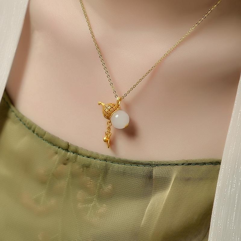 Natural Hetian Jade Calabash Golden Pendant Necklace - FengshuiGallary