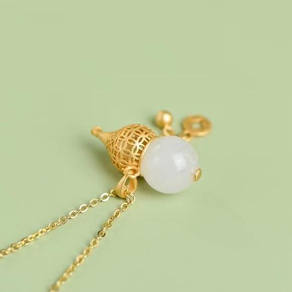 Natural Hetian Jade Calabash Golden Pendant Necklace - FengshuiGallary
