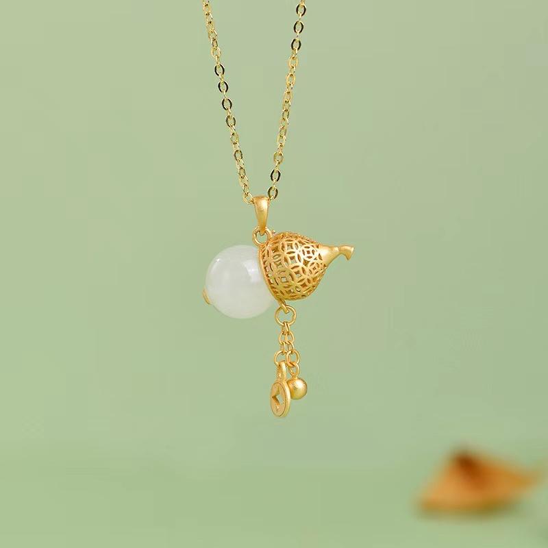 Natural Hetian Jade Calabash Golden Pendant Necklace - FengshuiGallary