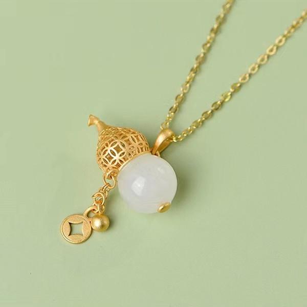 Natural Hetian Jade Calabash Golden Pendant Necklace - FengshuiGallary