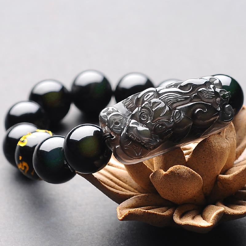 Natural Ice Black Obsidian Pixiu Buddha Beads Wealth Bracelet - FengshuiGallary