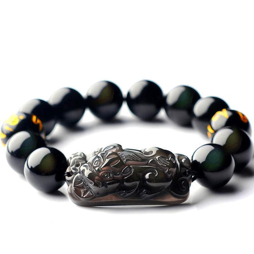 Natural Ice Black Obsidian Pixiu Buddha Beads Wealth Bracelet - FengshuiGallary