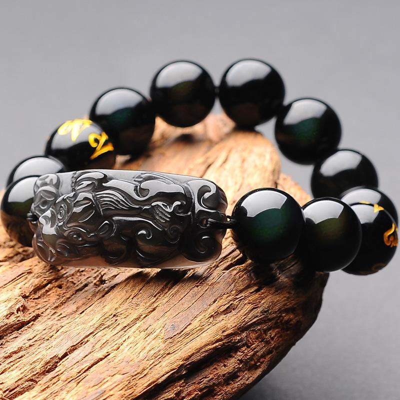 Natural Ice Black Obsidian Pixiu Buddha Beads Wealth Bracelet - FengshuiGallary