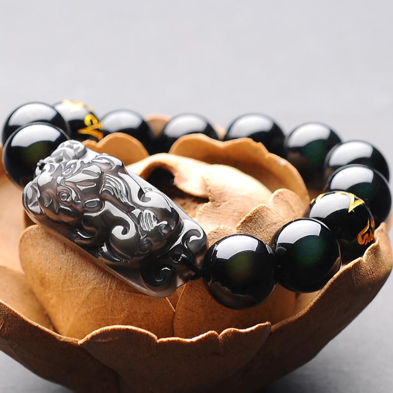 Natural Ice Black Obsidian Pixiu Buddha Beads Wealth Bracelet - FengshuiGallary