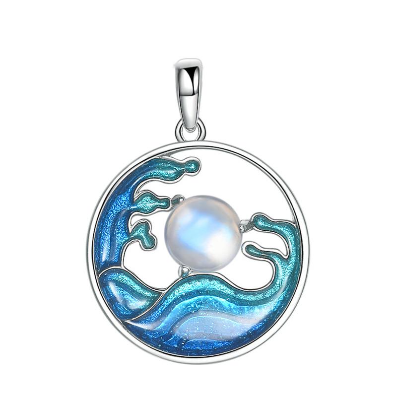 Natural Moonstone Enamel Waves Lucky 925 Silver Pendant Necklace - FengshuiGallary