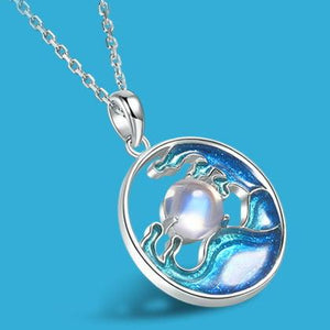 Natural Moonstone Enamel Waves Lucky 925 Silver Pendant Necklace - FengshuiGallary