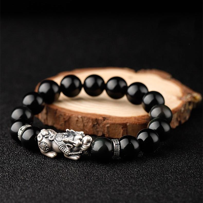 Natural Obsidian Silver Pixiu Lucky Bracelet - FengshuiGallary