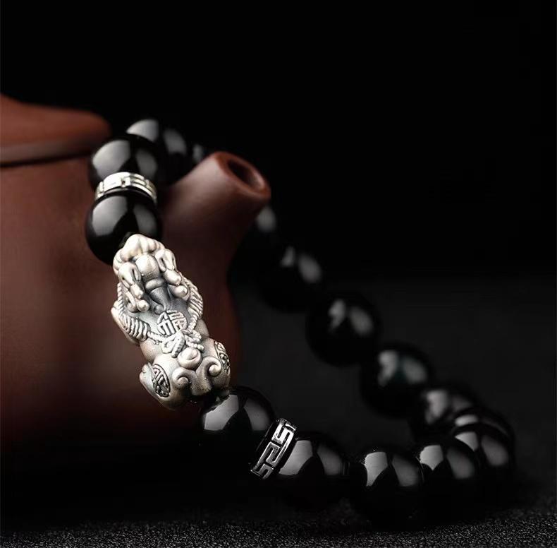 Natural Obsidian Silver Pixiu Lucky Bracelet - FengshuiGallary