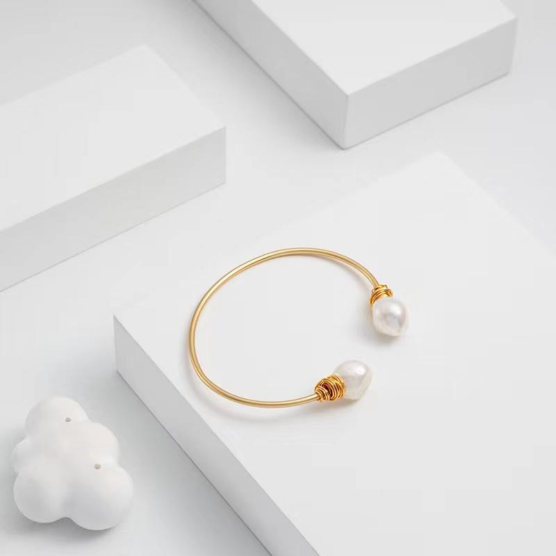 Natural Pearl 925 Silver Gold Plated Bangle - FengshuiGallary