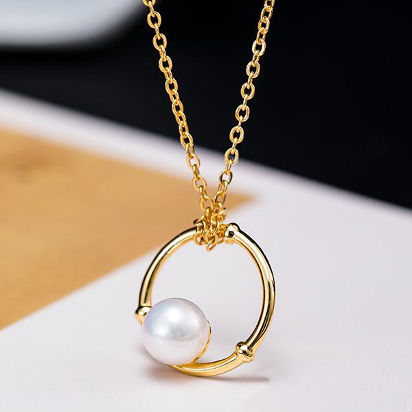Natural Pearl Bamboo Circle Gold Pendant Necklace - FengshuiGallary