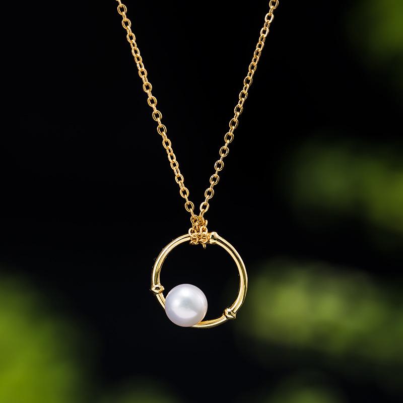Natural Pearl Bamboo Circle Gold Pendant Necklace - FengshuiGallary