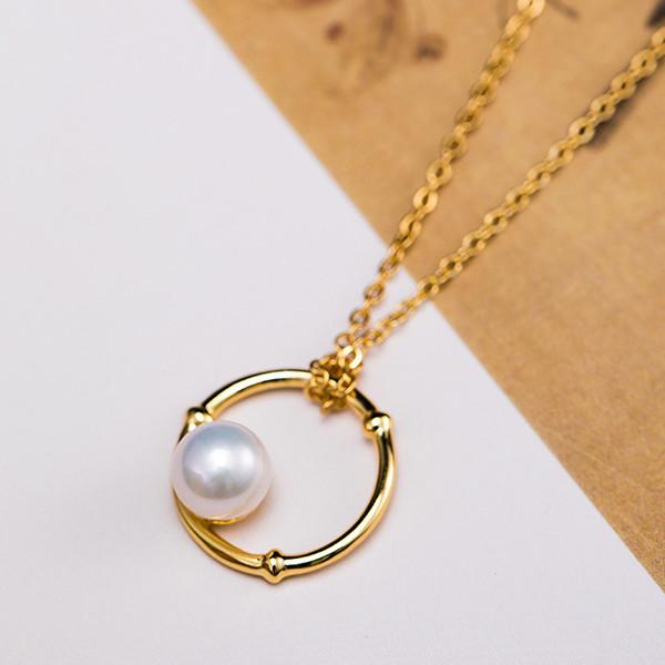 Natural Pearl Bamboo Circle Gold Pendant Necklace - FengshuiGallary