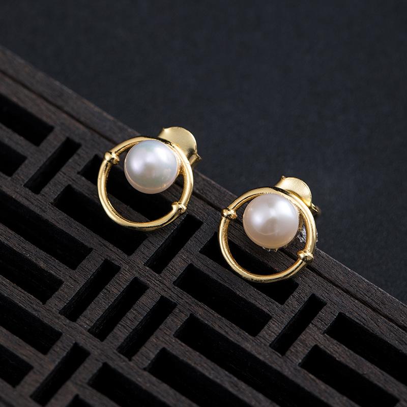 Natural Pearl Bamboo Circle Wealth Gold Earring - FengshuiGallary