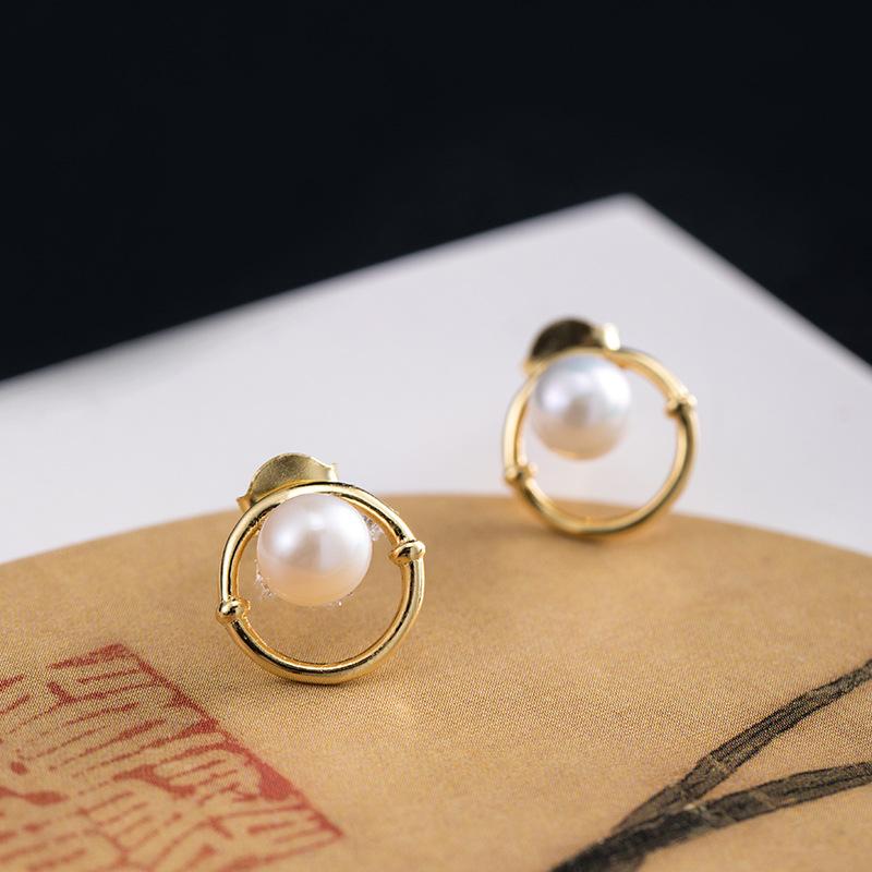 Natural Pearl Bamboo Circle Wealth Gold Earring - FengshuiGallary