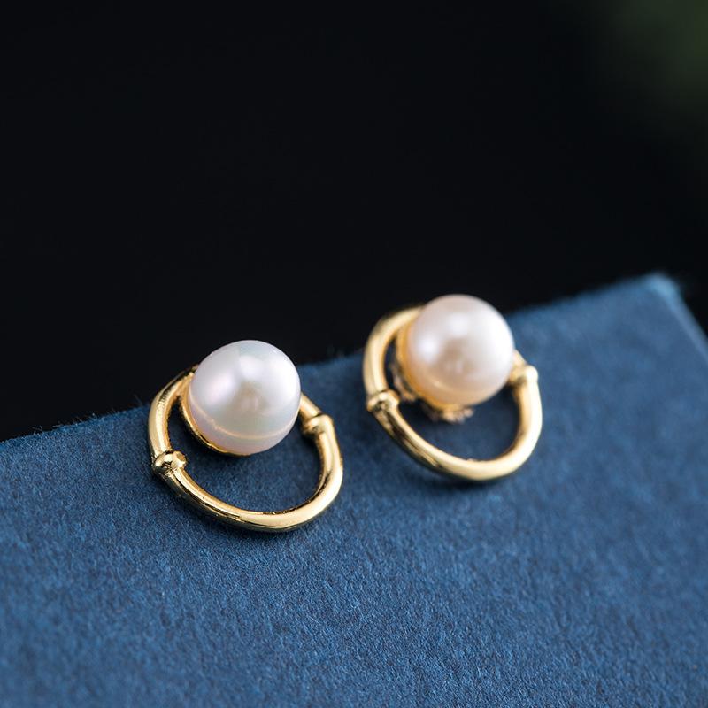 Natural Pearl Bamboo Circle Wealth Gold Earring - FengshuiGallary