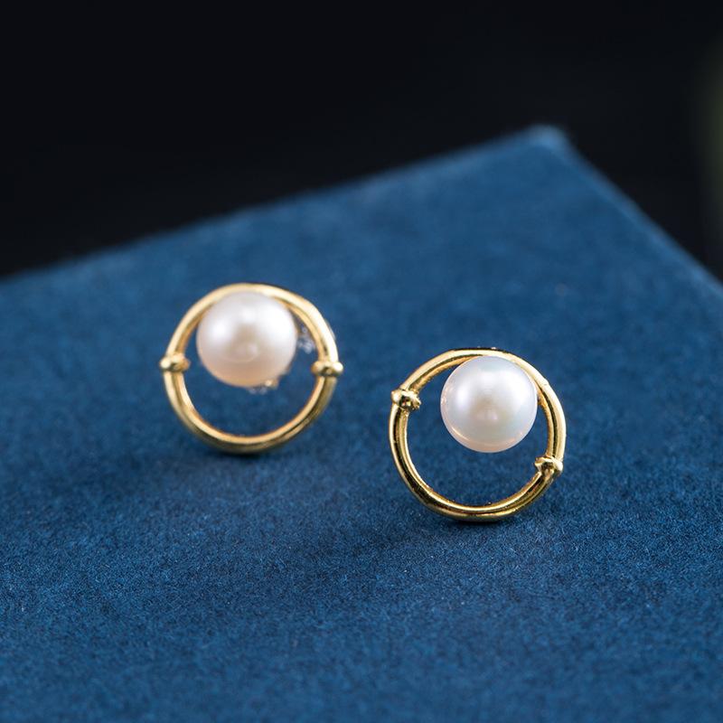 Natural Pearl Bamboo Circle Wealth Gold Earring - FengshuiGallary