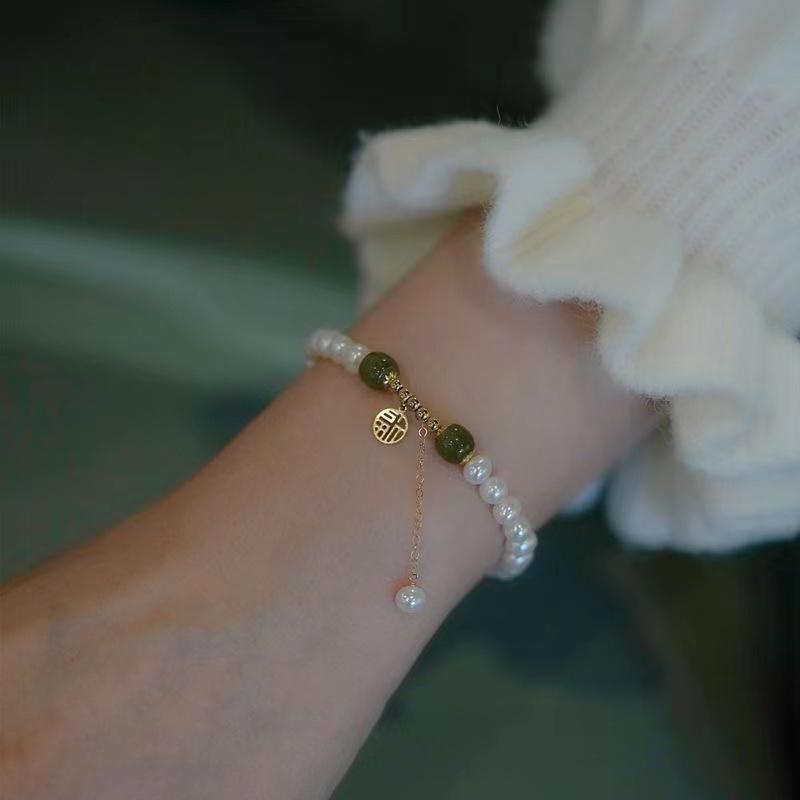 Natural Pearl Bracelet-Green Jade Beads Fu - FengshuiGallary