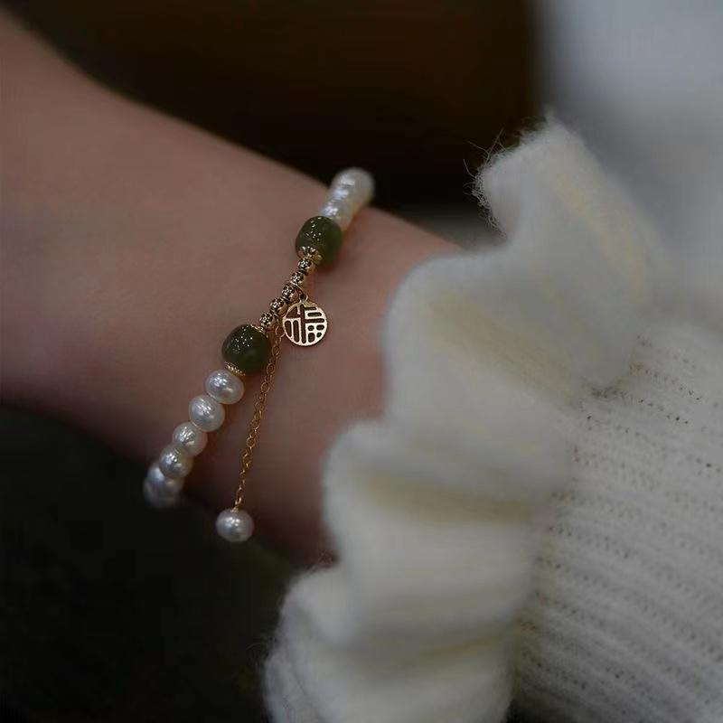 Natural Pearl Bracelet-Green Jade Beads Fu - FengshuiGallary